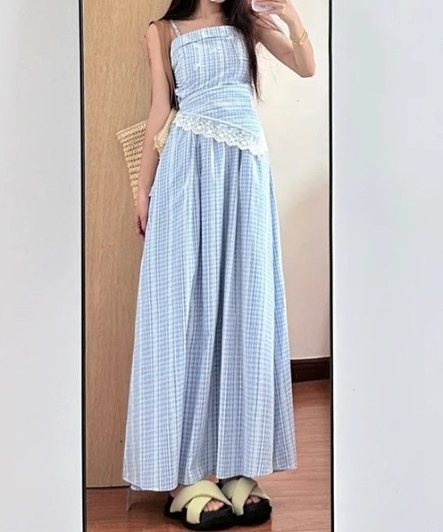 LUCPY(ラクピー)の「ギンガムチェックレースドッキングワンピース(ワンピース・レディース・ブルー・X-LARGE/LARGE/MEDIUM/SMALL)」の3枚目の写真