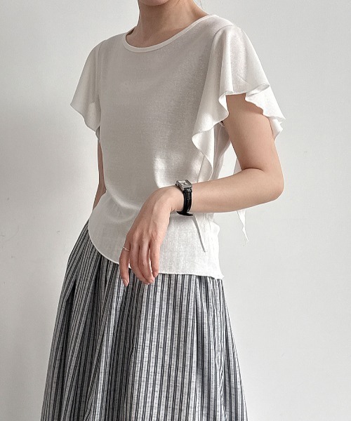 semplice(センプリチェ)の「フリルスリーブ半袖トップス(Tシャツ/カットソー・レディース・ブラック/ホワイト・F)」の1枚目の写真
