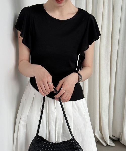 semplice(センプリチェ)の「フリルスリーブ半袖トップス(Tシャツ/カットソー・レディース・ブラック/ホワイト・F)」の2枚目の写真