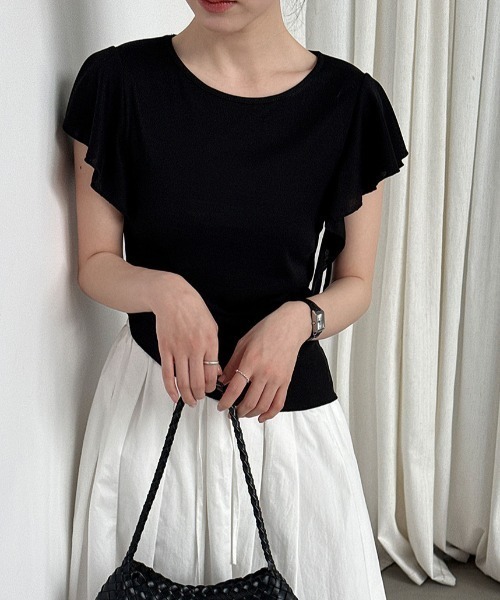 semplice(センプリチェ)の「フリルスリーブ半袖トップス(Tシャツ/カットソー・レディース・ブラック/ホワイト・F)」の4枚目の写真