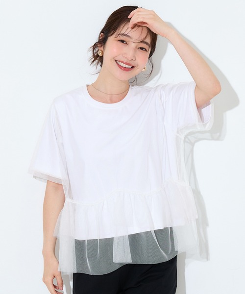 coca(coca)(コカ)の「シルキータッチチュールドッキングトップス(Tシャツ/カットソー・レディース・ブラック/ホワイト・L/M)」の2枚目の写真