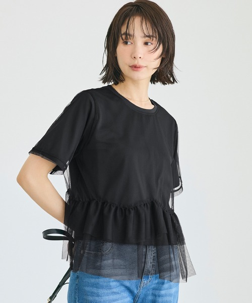 coca(coca)(コカ)の「シルキータッチチュールドッキングトップス(Tシャツ/カットソー・レディース・ブラック/ホワイト・L/M)」の1枚目の写真