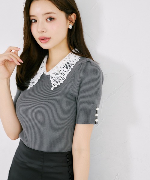 tocco closet(トッコ クローゼット)の「ビジューパール2WAYリボンレース襟付きリブニットプルオーバー(ニット/セーター・レディース・ブラック/ブラウン/チャコールグレー・M)」の11枚目の写真