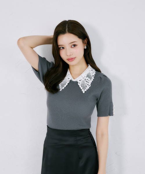 tocco closet(トッコ クローゼット)の「ビジューパール2WAYリボンレース襟付きリブニットプルオーバー(ニット/セーター・レディース・ブラック/ブラウン/チャコールグレー・M)」の17枚目の写真