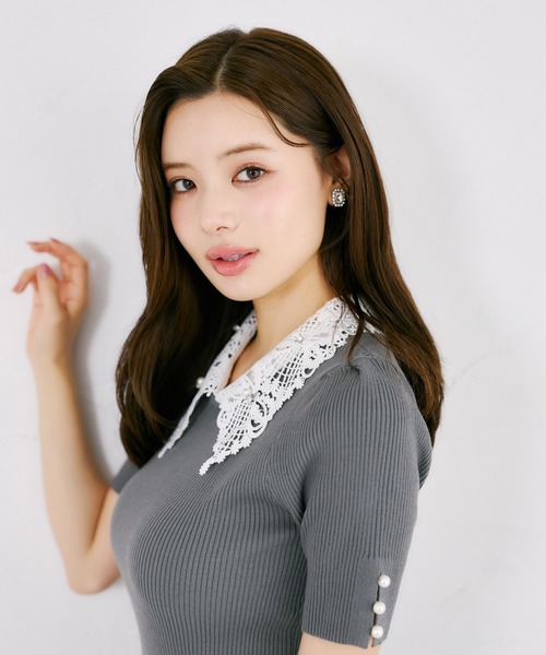 tocco closet(トッコ クローゼット)の「ビジューパール2WAYリボンレース襟付きリブニットプルオーバー(ニット/セーター・レディース・ブラック/ブラウン/チャコールグレー・M)」の19枚目の写真