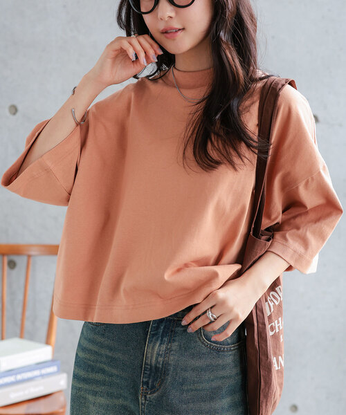 KOBE LETTUCE（コウベレタス）の「[ 汗じみ防止＆UVカット ] クロップドクルーネックボックスTシャツ（Tシャツ/カットソー・レディース・ネイビー/ブラック/オレンジ系/杢グレー/アイボリー/カーキ系/オフホワイト・M）」の7枚目の写真
