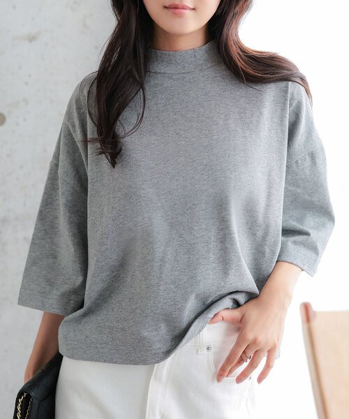 KOBE LETTUCE（コウベレタス）の「[ 汗じみ防止＆UVカット ] クロップドクルーネックボックスTシャツ（Tシャツ/カットソー・レディース・ネイビー/ブラック/オレンジ系/杢グレー/アイボリー/カーキ系/オフホワイト・M）」の4枚目の写真