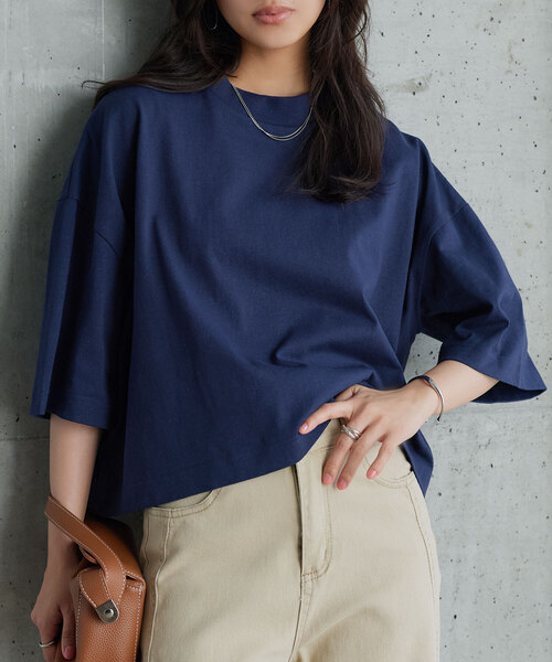 KOBE LETTUCE（コウベレタス）の「[ 汗じみ防止＆UVカット ] クロップドクルーネックボックスTシャツ（Tシャツ/カットソー・レディース・ネイビー/ブラック/オレンジ系/杢グレー/アイボリー/カーキ系/オフホワイト・M）」の6枚目の写真
