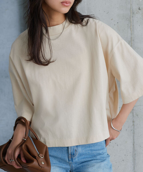 KOBE LETTUCE（コウベレタス）の「[ 汗じみ防止＆UVカット ] クロップドクルーネックボックスTシャツ（Tシャツ/カットソー・レディース・ネイビー/ブラック/オレンジ系/杢グレー/アイボリー/カーキ系/オフホワイト・M）」の2枚目の写真