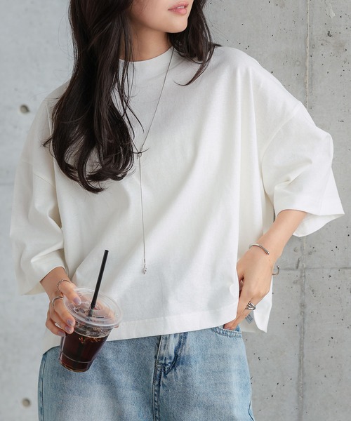 KOBE LETTUCE（コウベレタス）の「[ 汗じみ防止＆UVカット ] クロップドクルーネックボックスTシャツ（Tシャツ/カットソー・レディース・ネイビー/ブラック/オレンジ系/杢グレー/アイボリー/カーキ系/オフホワイト・M）」の8枚目の写真