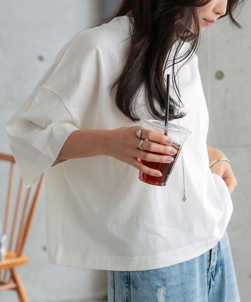 KOBE LETTUCE（コウベレタス）の「[ 汗じみ防止＆UVカット ] クロップドクルーネックボックスTシャツ（Tシャツ/カットソー・レディース・ネイビー/ブラック/オレンジ系/杢グレー/アイボリー/カーキ系/オフホワイト・M）」の9枚目の写真