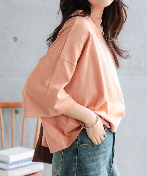 KOBE LETTUCE（コウベレタス）の「[ 汗じみ防止＆UVカット ] クロップドクルーネックボックスTシャツ（Tシャツ/カットソー・レディース・ネイビー/ブラック/オレンジ系/杢グレー/アイボリー/カーキ系/オフホワイト・M）」の18枚目の写真