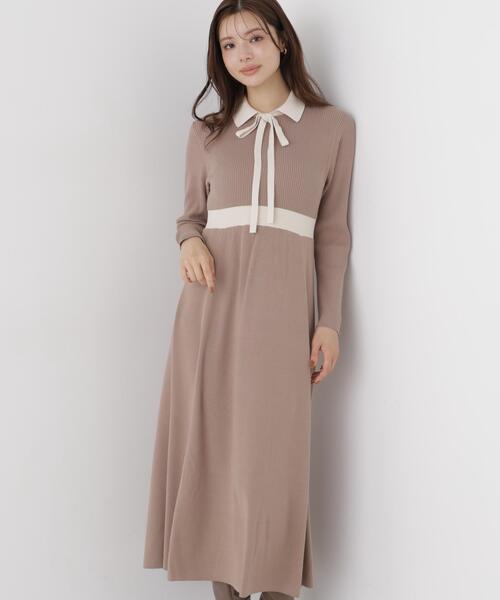 PROPORTION BODY DRESSING(プロポーションボディドレッシング)の「リボンタイバイカラーニットワンピース / 1216240909(ワンピース・レディース・ブラック/ベージュ・MEDIUM/SMALL)」の2枚目の写真