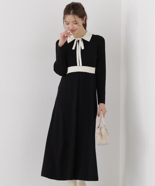 PROPORTION BODY DRESSING(プロポーションボディドレッシング)の「リボンタイバイカラーニットワンピース / 1216240909(ワンピース・レディース・ブラック/ベージュ・MEDIUM/SMALL)」の1枚目の写真