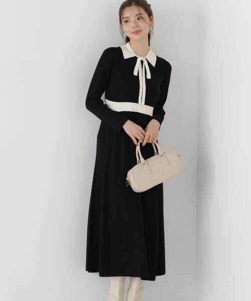 PROPORTION BODY DRESSING(プロポーションボディドレッシング)の「リボンタイバイカラーニットワンピース / 1216240909(ワンピース・レディース・ブラック/ベージュ・MEDIUM/SMALL)」の3枚目の写真