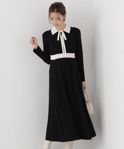 PROPORTION BODY DRESSING(プロポーションボディドレッシング)の「リボンタイバイカラーニットワンピース / 1216240909(ワンピース・レディース・ブラック/ベージュ・MEDIUM/SMALL)」の4枚目の写真