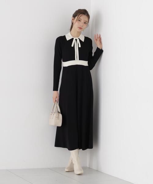 PROPORTION BODY DRESSING(プロポーションボディドレッシング)の「リボンタイバイカラーニットワンピース / 1216240909(ワンピース・レディース・ブラック/ベージュ・MEDIUM/SMALL)」の5枚目の写真