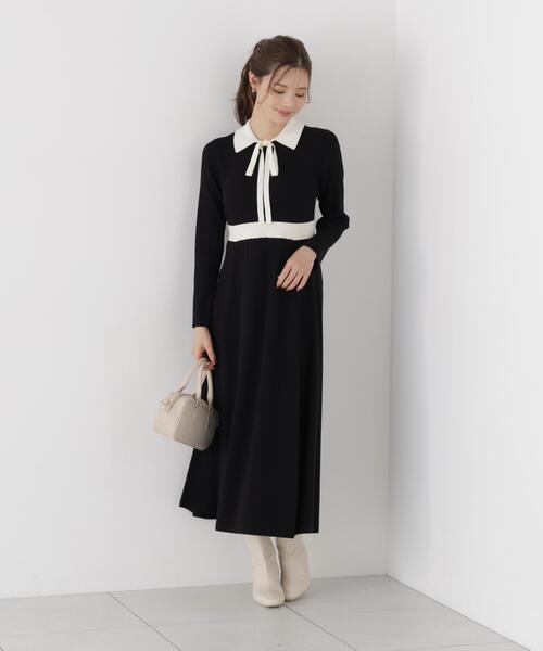 PROPORTION BODY DRESSING(プロポーションボディドレッシング)の「リボンタイバイカラーニットワンピース / 1216240909(ワンピース・レディース・ブラック/ベージュ・MEDIUM/SMALL)」の6枚目の写真