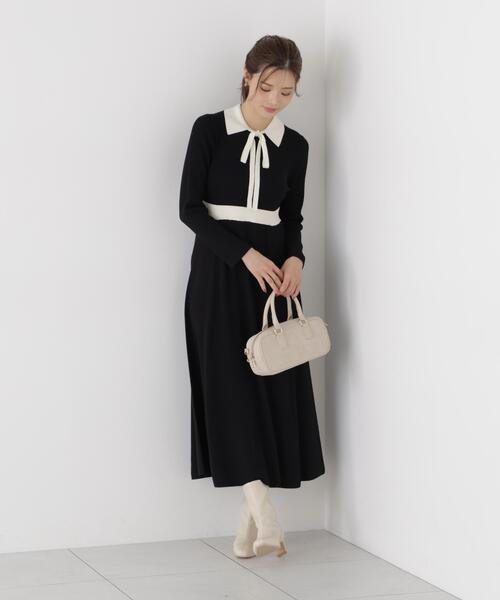 PROPORTION BODY DRESSING(プロポーションボディドレッシング)の「リボンタイバイカラーニットワンピース / 1216240909(ワンピース・レディース・ブラック/ベージュ・MEDIUM/SMALL)」の7枚目の写真