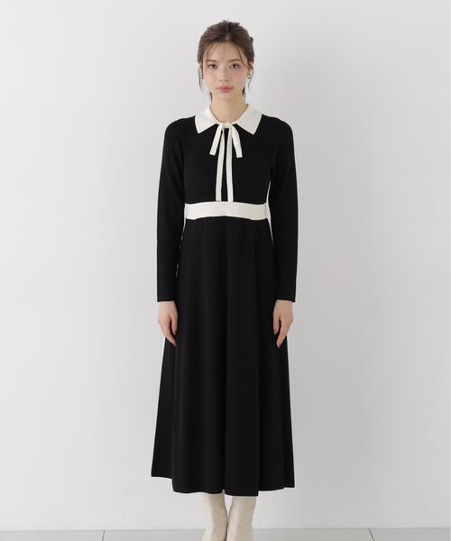 PROPORTION BODY DRESSING(プロポーションボディドレッシング)の「リボンタイバイカラーニットワンピース / 1216240909(ワンピース・レディース・ブラック/ベージュ・MEDIUM/SMALL)」の9枚目の写真
