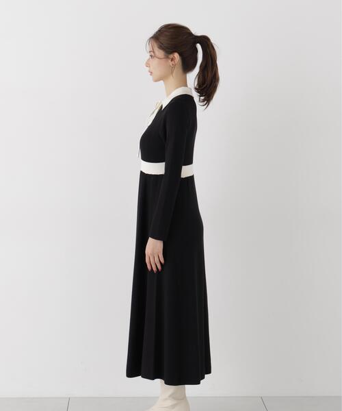 PROPORTION BODY DRESSING(プロポーションボディドレッシング)の「リボンタイバイカラーニットワンピース / 1216240909(ワンピース・レディース・ブラック/ベージュ・MEDIUM/SMALL)」の10枚目の写真