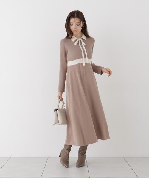 PROPORTION BODY DRESSING(プロポーションボディドレッシング)の「リボンタイバイカラーニットワンピース / 1216240909(ワンピース・レディース・ブラック/ベージュ・MEDIUM/SMALL)」の20枚目の写真