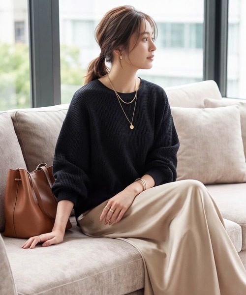 STYLE DELI（スタイルデリ）の「【DELI by】ふんわりワッフル素材のリラックスプルオーバー（スウェット・レディース・グレー/ブラック・M）」の2枚目の写真