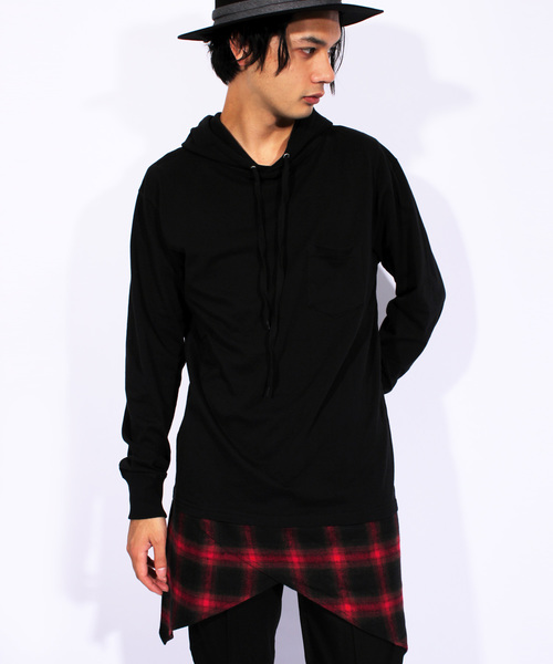 ８(eight)（エイト）の「チェック プルオーバー パーカー スウェット ロング丈（パーカー・メンズ・ホワイト/ブラック・MEDIUM/LARGE）」の2枚目の写真