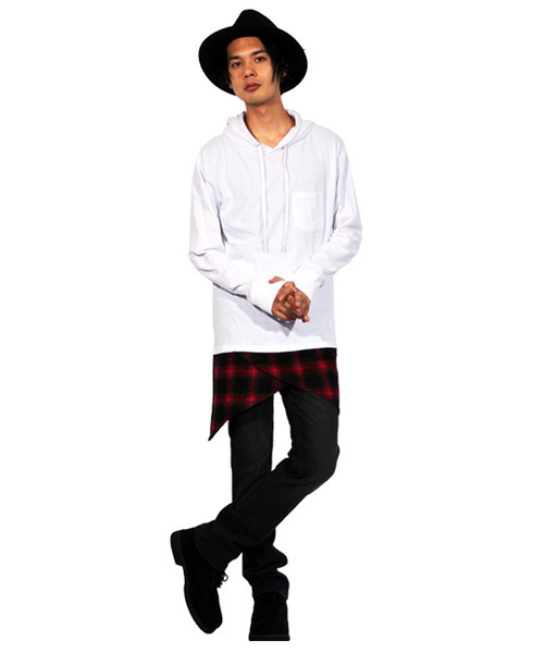 ８(eight)（エイト）の「チェック プルオーバー パーカー スウェット ロング丈（パーカー・メンズ・ホワイト/ブラック・MEDIUM/LARGE）」の9枚目の写真