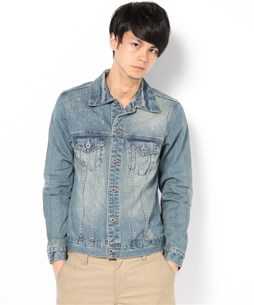 WEGO(ウィゴー)の「USED加工デニムGジャン(デニムジャケット・メンズ・インディゴブルー/ライトインディゴブルー/ストライプ・MEDIUM/LARGE)」の2枚目の写真