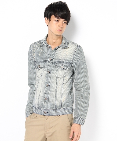 WEGO(ウィゴー)の「USED加工デニムGジャン(デニムジャケット・メンズ・インディゴブルー/ライトインディゴブルー/ストライプ・MEDIUM/LARGE)」の3枚目の写真