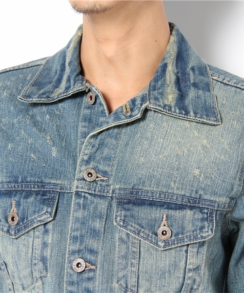 WEGO(ウィゴー)の「USED加工デニムGジャン(デニムジャケット・メンズ・インディゴブルー/ライトインディゴブルー/ストライプ・MEDIUM/LARGE)」の7枚目の写真