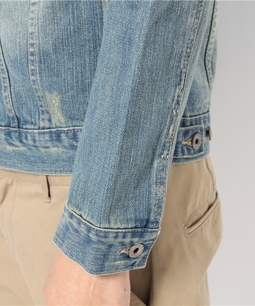 WEGO(ウィゴー)の「USED加工デニムGジャン(デニムジャケット・メンズ・インディゴブルー/ライトインディゴブルー/ストライプ・MEDIUM/LARGE)」の8枚目の写真