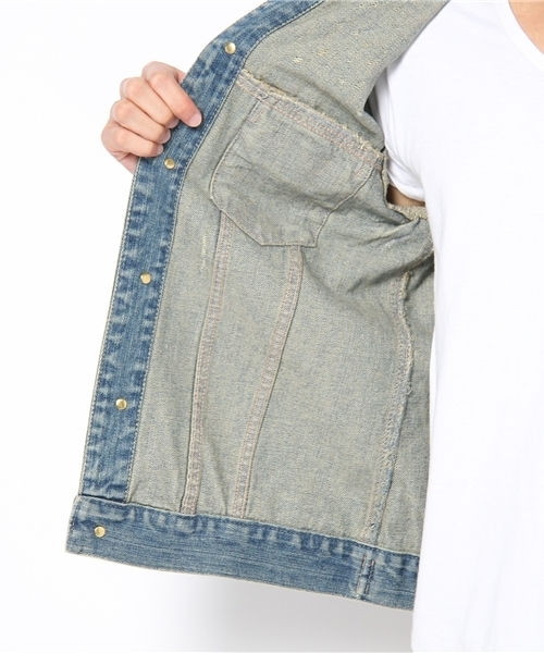 WEGO(ウィゴー)の「USED加工デニムGジャン(デニムジャケット・メンズ・インディゴブルー/ライトインディゴブルー/ストライプ・MEDIUM/LARGE)」の9枚目の写真