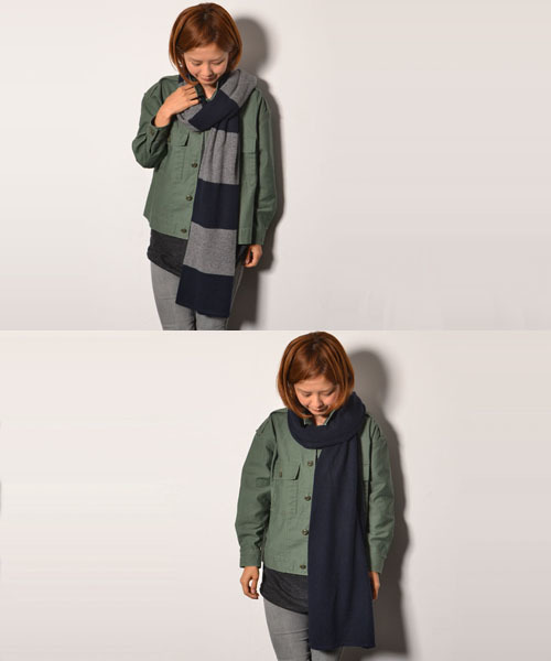 AMERICAN RAG CIE（アメリカンラグシー）の「カシミヤ太ピッチボーダー2WAYストール/203-ATE-L142-AC072（マフラー・レディース・ブラック/ネイビー・ONE SIZE）」の2枚目の写真