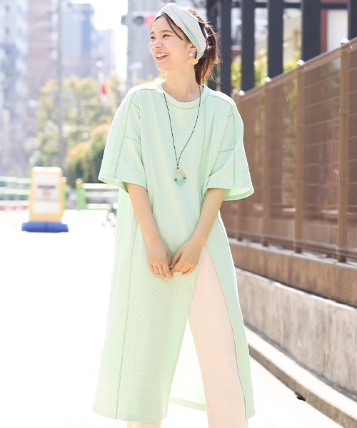 チチカカ（チチカカ）の「ステッチカラーハニカムワンピース（ワンピース・レディース・ライム/ベージュ/ピンク・FREE）」の3枚目の写真