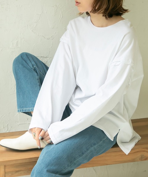 rectangle(レクタングル)の「カットオフコットンTシャツ(Tシャツ/カットソー・レディース・ブラック/ベージュ/オフホワイト/ブルー・FREE)」の1枚目の写真