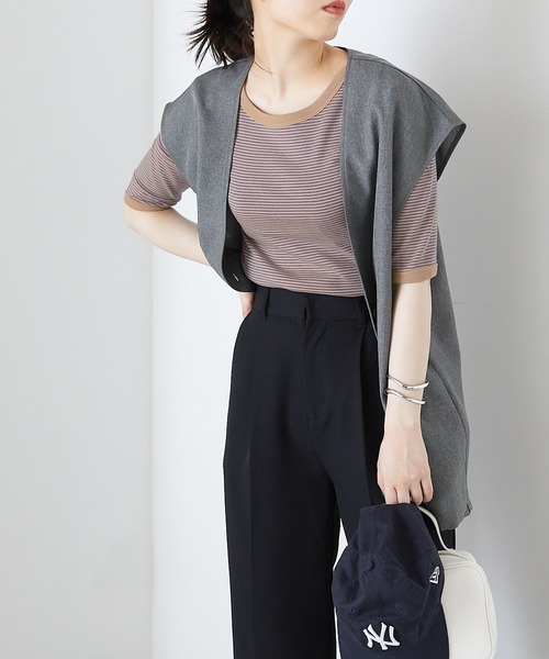 forksy.（フォルクシー）の「【forksy.】細リブボーダー配色パイピング半袖Tシャツ（Tシャツ/カットソー・レディース・パープル/ブラウン/イエロー/オレンジ/ライトブラウン/グリーン/ベージュ/ブルー/マスタード/ブラック・FREE）」の4枚目の写真