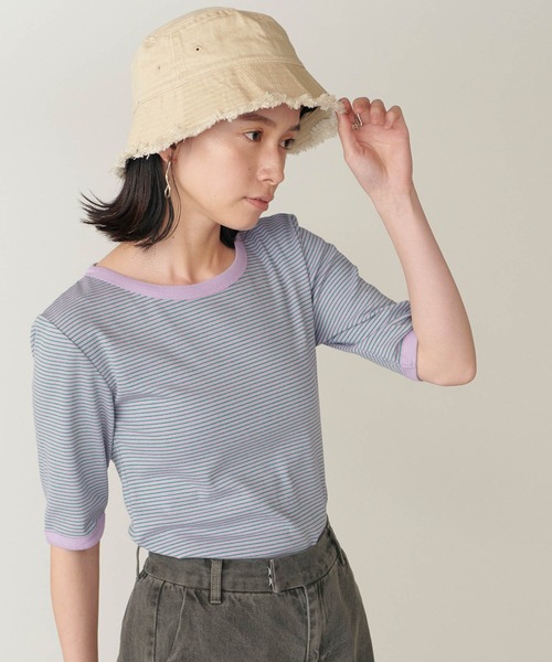 forksy.（フォルクシー）の「【forksy.】細リブボーダー配色パイピング半袖Tシャツ（Tシャツ/カットソー・レディース・パープル/ブラウン/イエロー/オレンジ/ライトブラウン/グリーン/ベージュ/ブルー/マスタード/ブラック・FREE）」の7枚目の写真