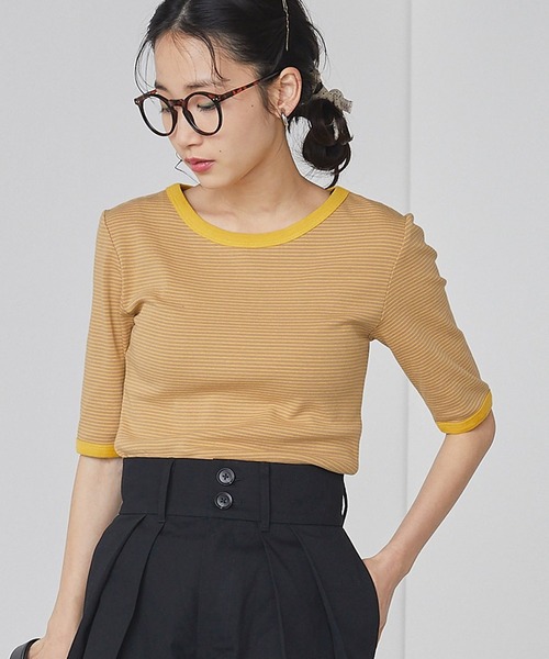 forksy.（フォルクシー）の「【forksy.】細リブボーダー配色パイピング半袖Tシャツ（Tシャツ/カットソー・レディース・パープル/ブラウン/イエロー/オレンジ/ライトブラウン/グリーン/ベージュ/ブルー/マスタード/ブラック・FREE）」の8枚目の写真