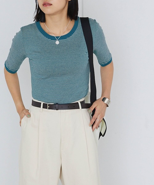 forksy.（フォルクシー）の「【forksy.】細リブボーダー配色パイピング半袖Tシャツ（Tシャツ/カットソー・レディース・パープル/ブラウン/イエロー/オレンジ/ライトブラウン/グリーン/ベージュ/ブルー/マスタード/ブラック・FREE）」の6枚目の写真