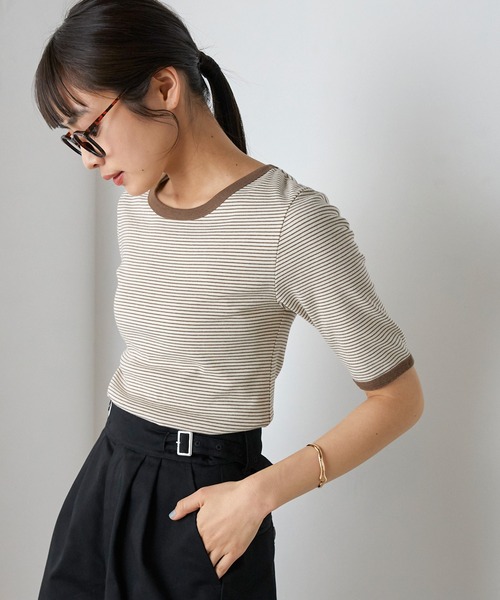 セール】【forksy.】細リブボーダー配色パイピング半袖Tシャツ