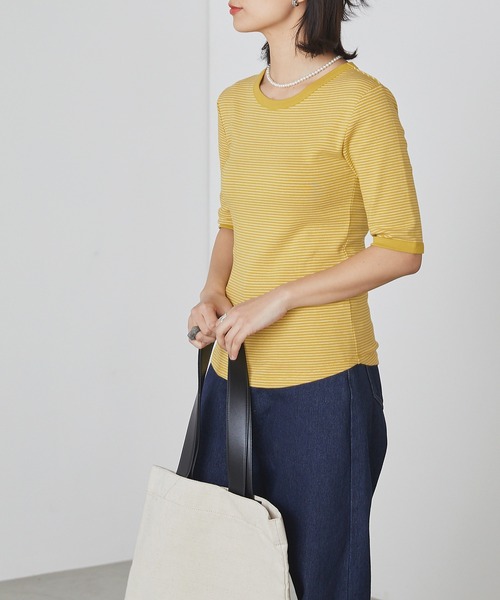 forksy.（フォルクシー）の「【forksy.】細リブボーダー配色パイピング半袖Tシャツ（Tシャツ/カットソー・レディース・パープル/ブラウン/イエロー/オレンジ/ライトブラウン/グリーン/ベージュ/ブルー/マスタード/ブラック・FREE）」の9枚目の写真