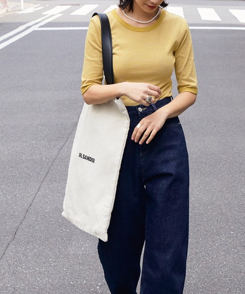 forksy.（フォルクシー）の「【forksy.】細リブボーダー配色パイピング半袖Tシャツ（Tシャツ/カットソー・レディース・パープル/ブラウン/イエロー/オレンジ/ライトブラウン/グリーン/ベージュ/ブルー/マスタード/ブラック・FREE）」の11枚目の写真