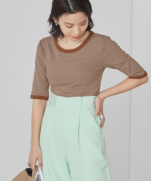 forksy.（フォルクシー）の「【forksy.】細リブボーダー配色パイピング半袖Tシャツ（Tシャツ/カットソー・レディース・パープル/ブラウン/イエロー/オレンジ/ライトブラウン/グリーン/ベージュ/ブルー/マスタード/ブラック・FREE）」の18枚目の写真