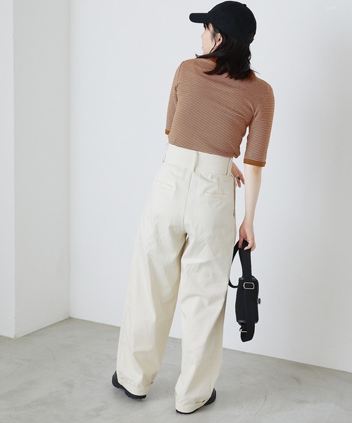 forksy.（フォルクシー）の「【forksy.】細リブボーダー配色パイピング半袖Tシャツ（Tシャツ/カットソー・レディース・パープル/ブラウン/イエロー/オレンジ/ライトブラウン/グリーン/ベージュ/ブルー/マスタード/ブラック・FREE）」の13枚目の写真