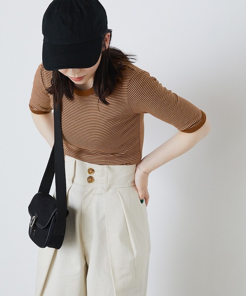 forksy.（フォルクシー）の「【forksy.】細リブボーダー配色パイピング半袖Tシャツ（Tシャツ/カットソー・レディース・パープル/ブラウン/イエロー/オレンジ/ライトブラウン/グリーン/ベージュ/ブルー/マスタード/ブラック・FREE）」の16枚目の写真