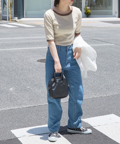 forksy.（フォルクシー）の「【forksy.】細リブボーダー配色パイピング半袖Tシャツ（Tシャツ/カットソー・レディース・パープル/ブラウン/イエロー/オレンジ/ライトブラウン/グリーン/ベージュ/ブルー/マスタード/ブラック・FREE）」の19枚目の写真