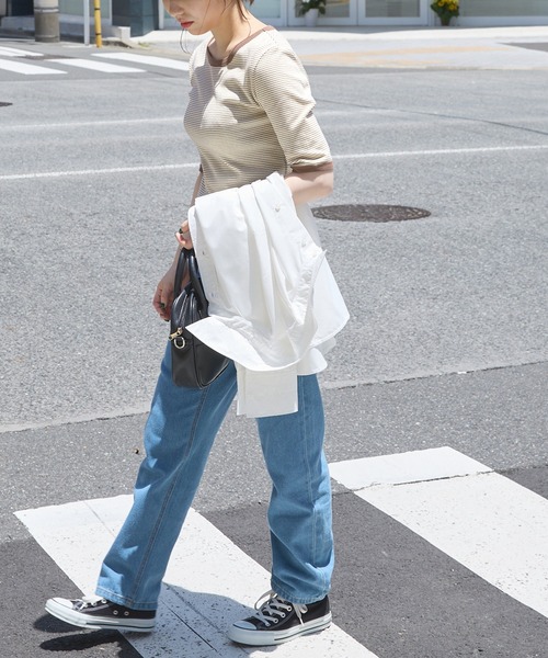 forksy.（フォルクシー）の「【forksy.】細リブボーダー配色パイピング半袖Tシャツ（Tシャツ/カットソー・レディース・パープル/ブラウン/イエロー/オレンジ/ライトブラウン/グリーン/ベージュ/ブルー/マスタード/ブラック・FREE）」の20枚目の写真