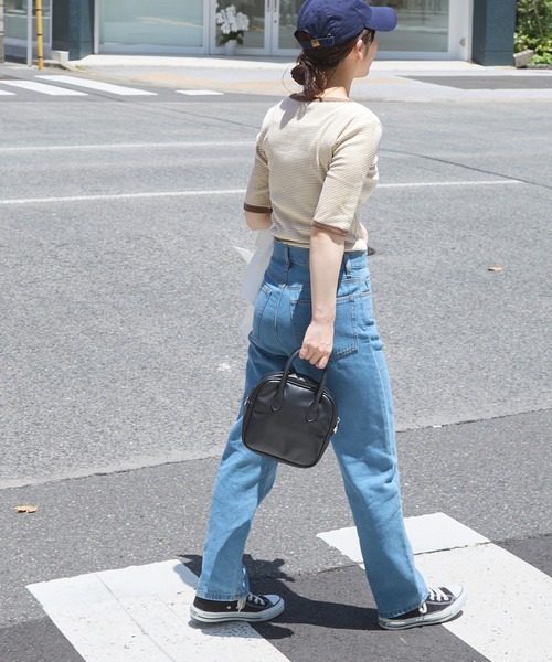 forksy.（フォルクシー）の「【forksy.】細リブボーダー配色パイピング半袖Tシャツ（Tシャツ/カットソー・レディース・パープル/ブラウン/イエロー/オレンジ/ライトブラウン/グリーン/ベージュ/ブルー/マスタード/ブラック・FREE）」の21枚目の写真